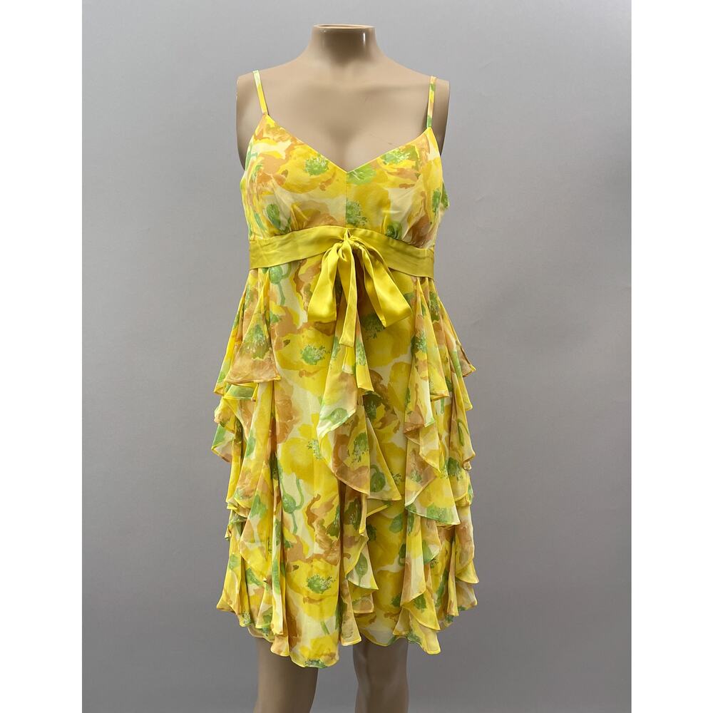 INC Dress Women 8 Yellow Floral 100% Silk Mini Ruffle Babydoll Summer Sun